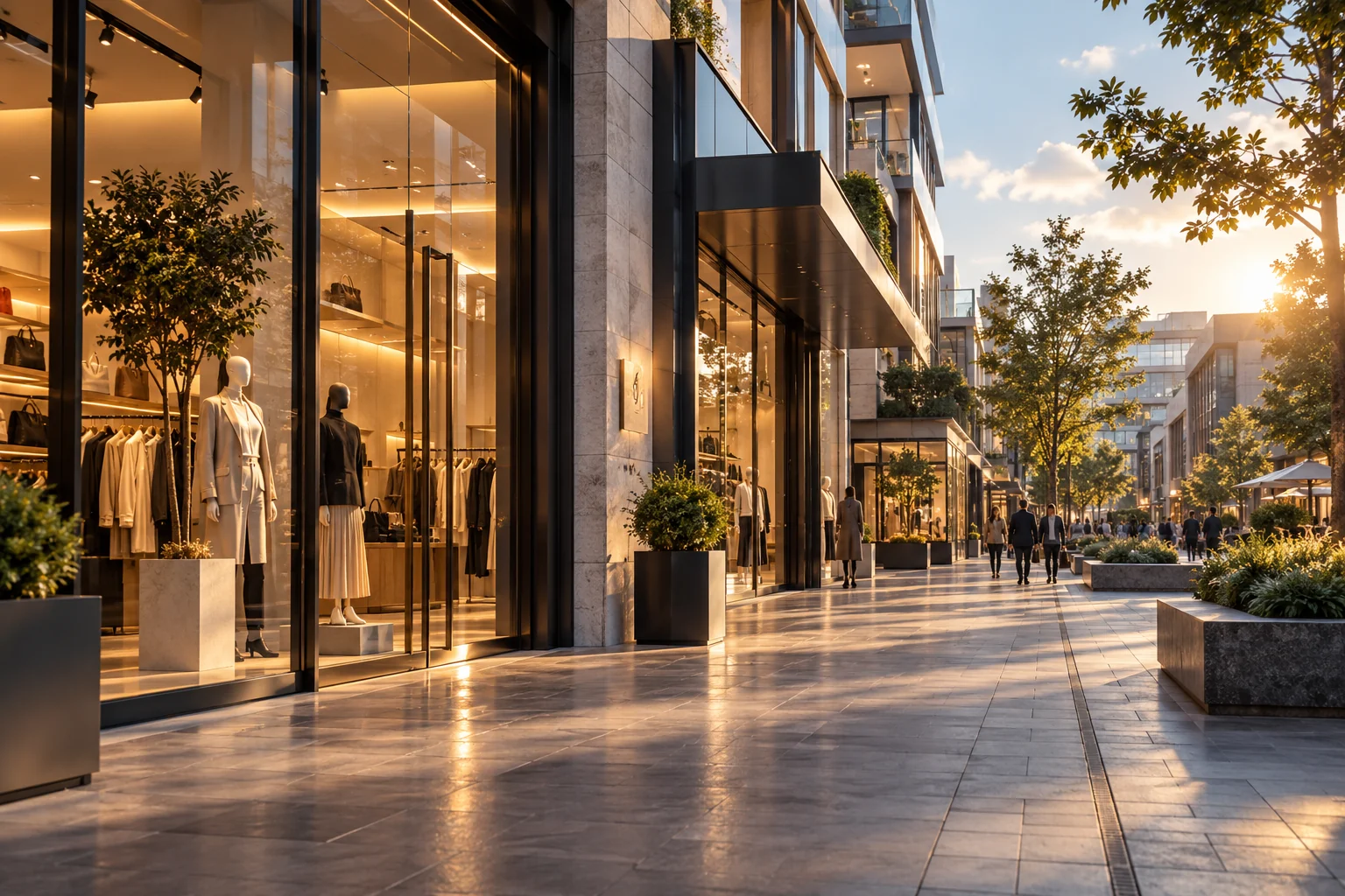 Retail promenade with modern glass-fronted shops